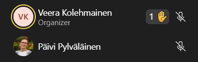 Kuvassa Osallistujat-ruutu, jossa yhden osallistujan nimen vieressä näkyy Käsi-symboli.
