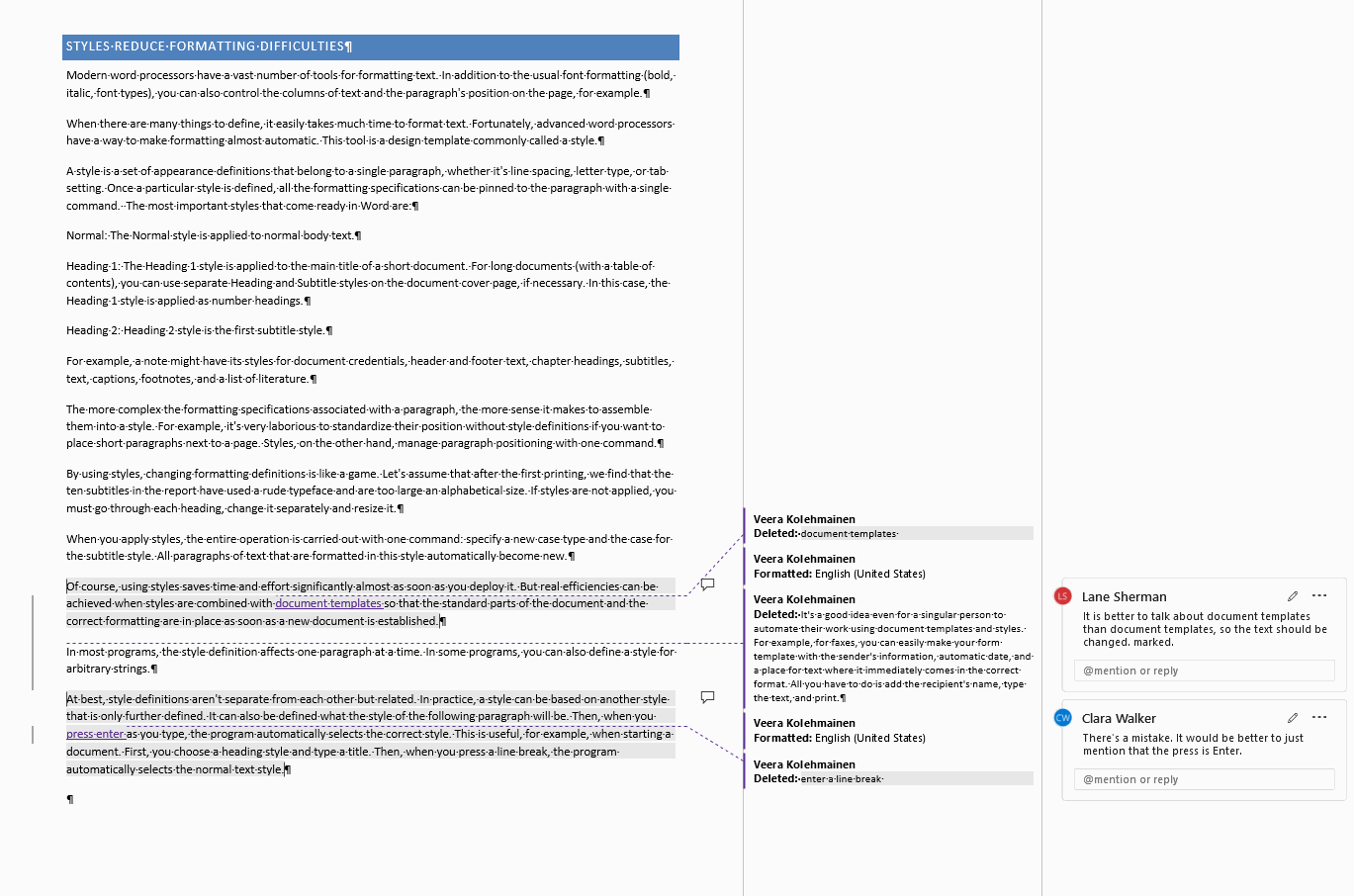 The finished task shows your own editing notes, and the comments added by Lane Sherman and Clara Walker
